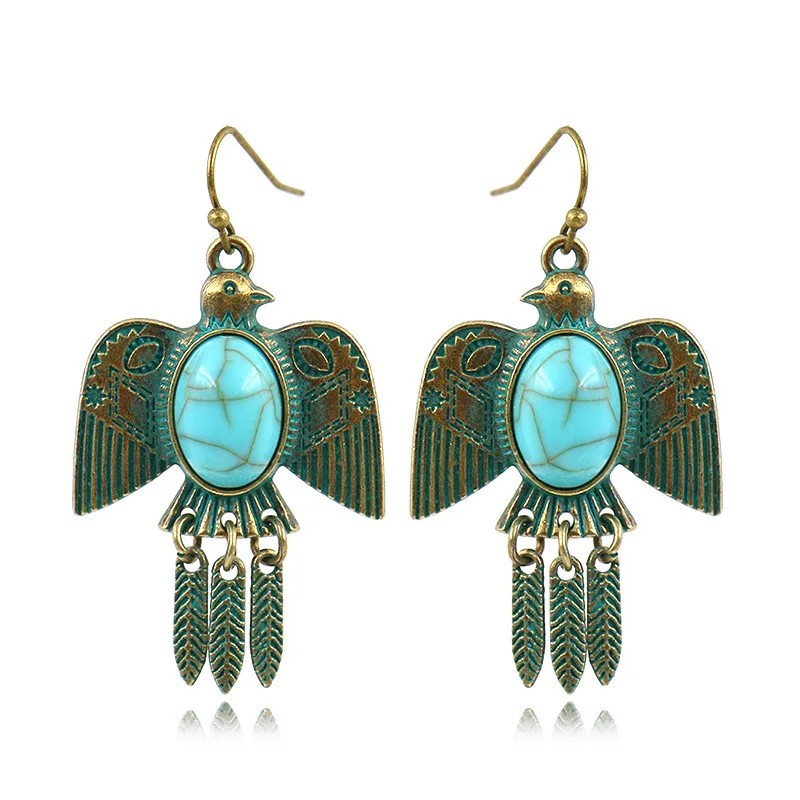 Boho Ethnic Turquoises Dangle Earrings Brincos Metal Green Antique Bronze Pigeon Shape Earring For Women