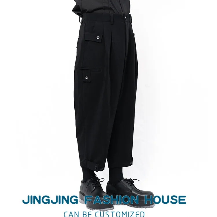 

S-6XL!!2021 Men's Casual Pants Nine Cent Pants Loose Closed Button Deconstruction of Black Pants