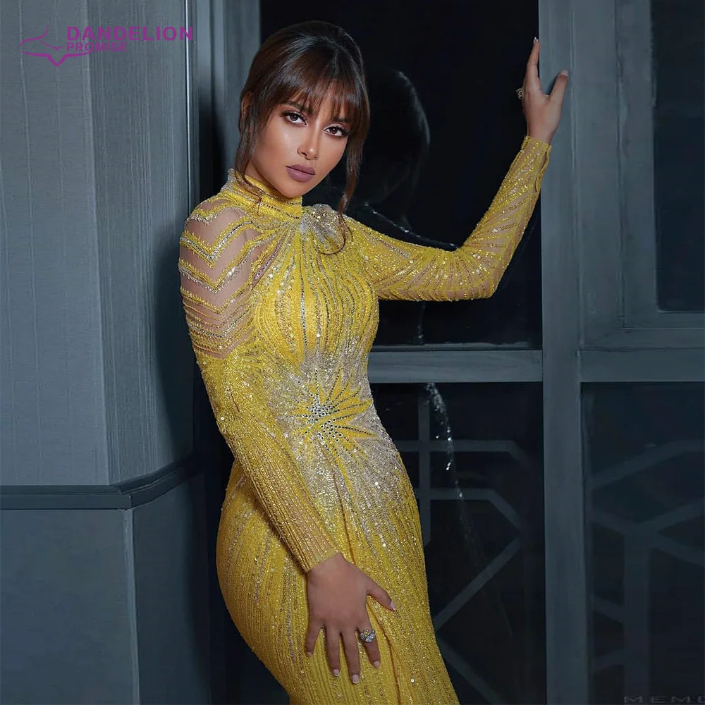 Luxury Yellow Mermaid Evening Dresses For Women 2021 Beading High-Neck Long Sleeves Handmade Formal Party Gowns
