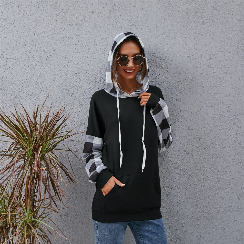 Spring Autumn Hoodie Sweatshirt Women Oversize Tops Female Casual Plaid Hooded Loose Drawstring Long Sleeve Hip Hop Pullovers