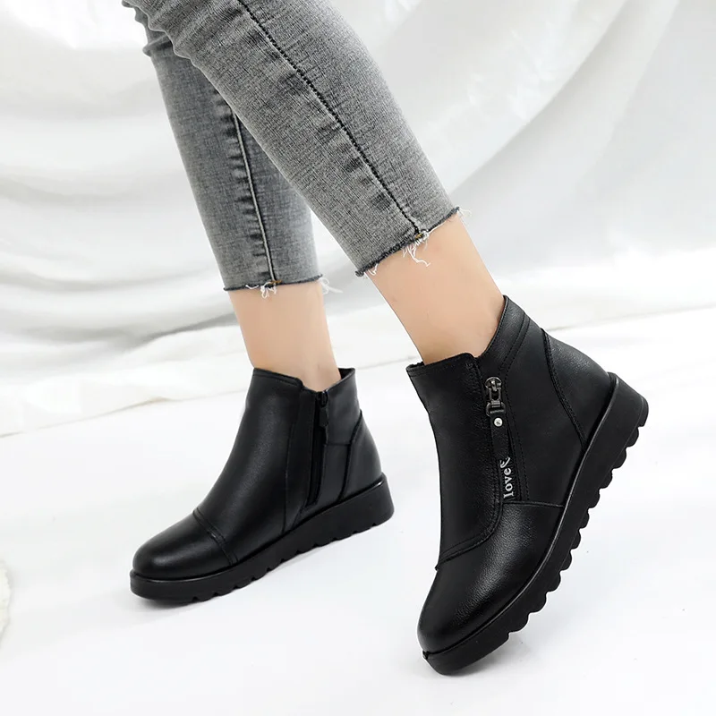 GKTINOO Genuine Leather Winter Shoes New Women Snow Boots Wedge Heels Non-slip Women\'s Boots Large Size Mother Warm Boots Famale