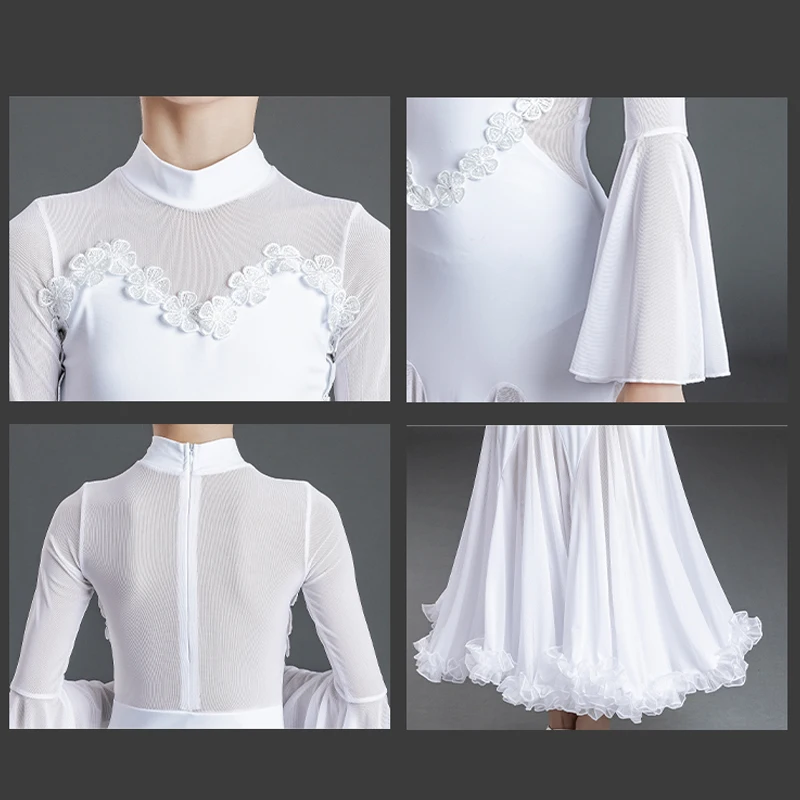 فستان بناتي أبيض طويل الأكمام للرقص ، فستان رقص للأطفال ، سالسا تانجو ، ملابس أداء المسرح ، فالس ، SL6098