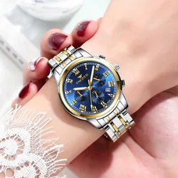 Montre de luxe en acier inoxydable pour femme, forme ronde, quartz, bracelet pliant, étanche, date