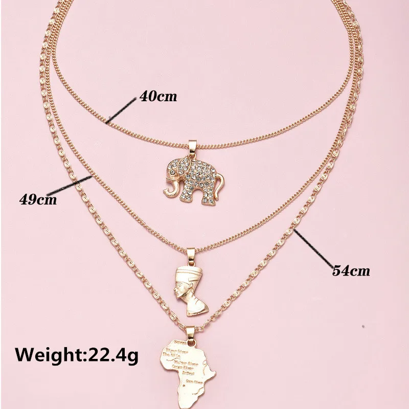 3 Pcs/Set Vintage Crystal Elephant Egyptian Pharaoh Map Pendant Necklace Punk Metal Gold Jewelry Gifts