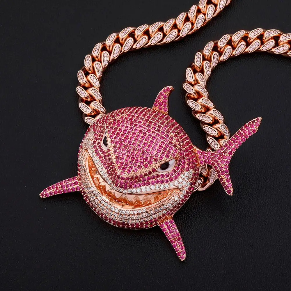 TOPGRILLZ Large Shark Pendant Iced Cubic Zirconia Pendant Necklace Fashion Jewelry Gift 14mm Cuban Chain Can Passable