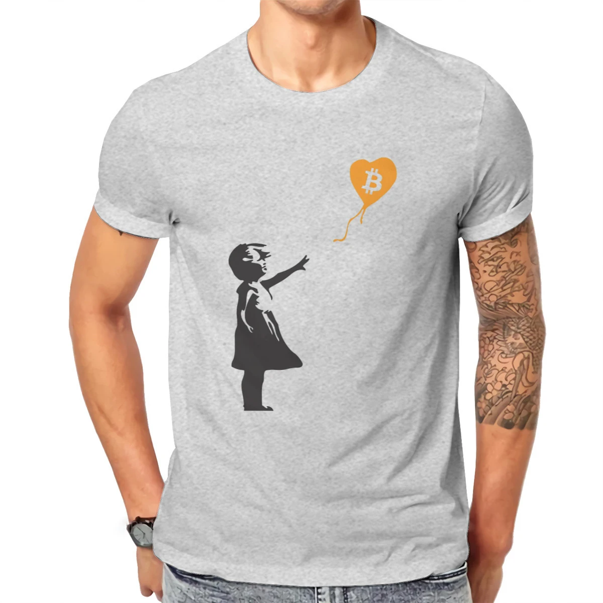 Bitcoin Cryptocurrency Meme Bansky Balloon Girl T Shirt Vintage Graphic Summer Loose Cotton Men's Tees Harajuku Crewneck TShirt