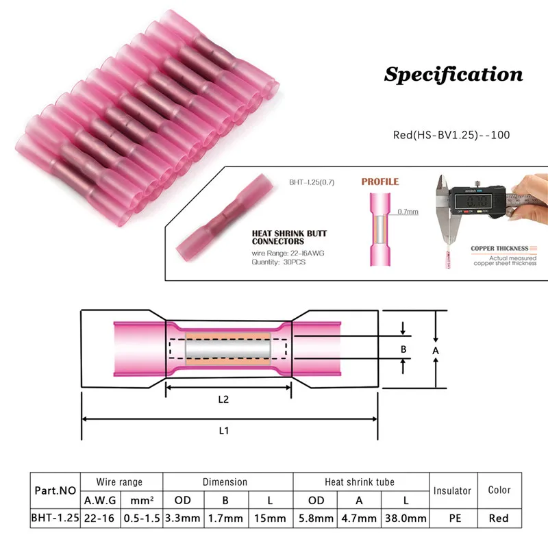 10/50/100pcs Insulated Electrical Crimp Terminal Waterproof Heat Shrink Butt Connectors Splice Wire Cable Crimp Terminals Kit
