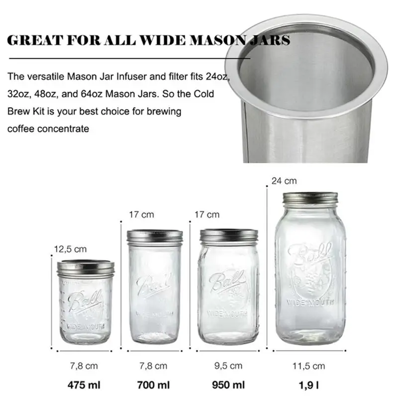 Stainless Steel Mason Jar Cold Brew Coffee Maker and Iced Tea Infuser Loose Leaf Tea Mesh Filter Strainer 97QD