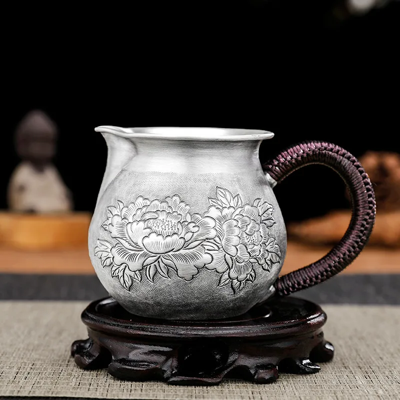 

Pure silver 999 fair cup hand-engraved peony flower Chinese retro kung fu tea set tea dispenser