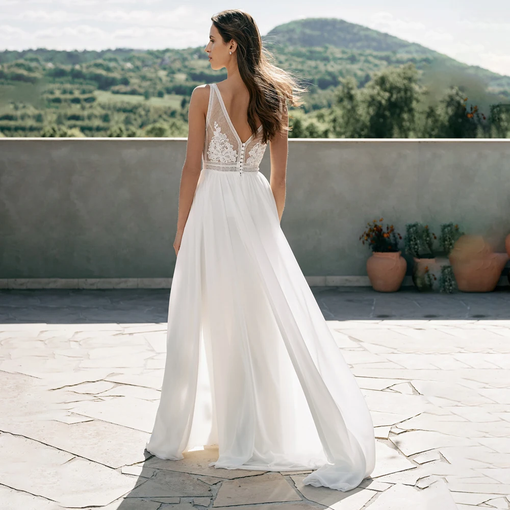 Scollo A V in Chiffon A Line abito da sposa da sposa su misura senza maniche senza schienale spacco alto aperto indietro pizzo Boho Beach abiti da sposa