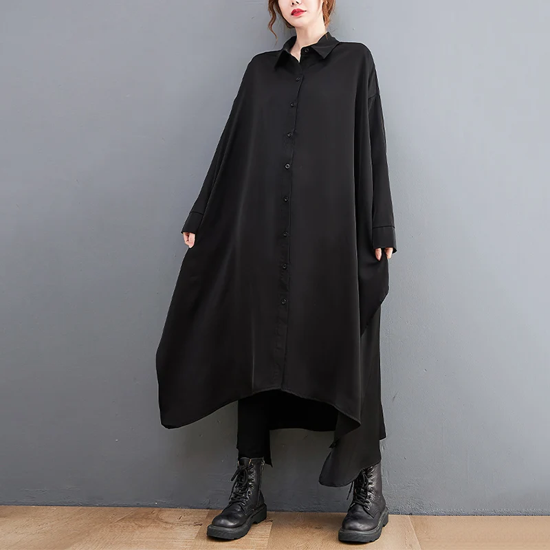 Oversized Black Vintage Irregular Shirt Dresses For Women Long Sleeve Loose Casual Long Dress Fashion Clothes Spring Autumn 2022