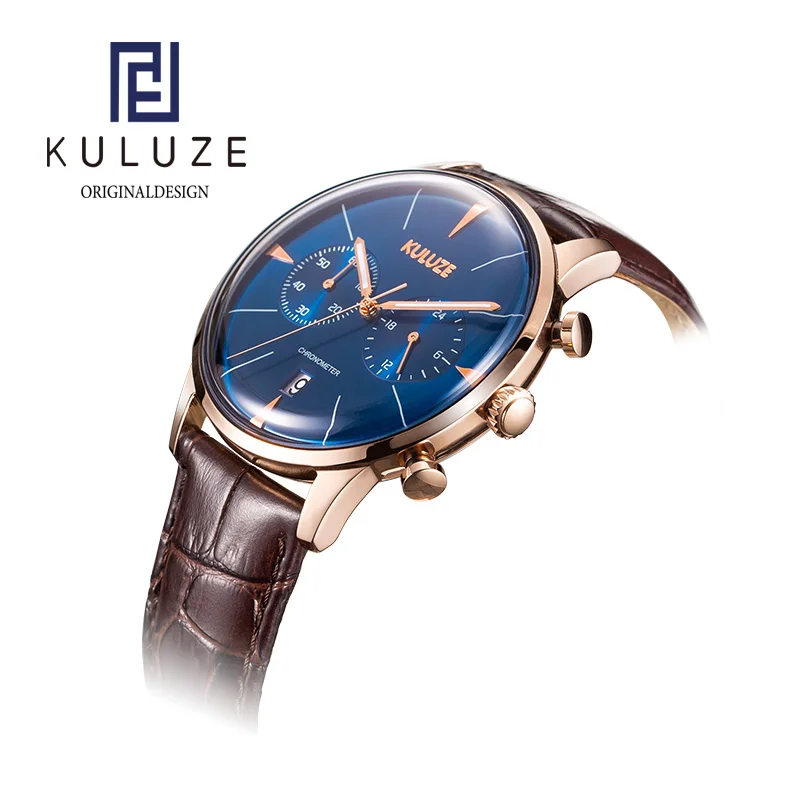 KULUZE Casual Sport Watches for Men Top Brand Luxury Leather Wrist Watch Man Clock Fashion Chronograph Wristwatch