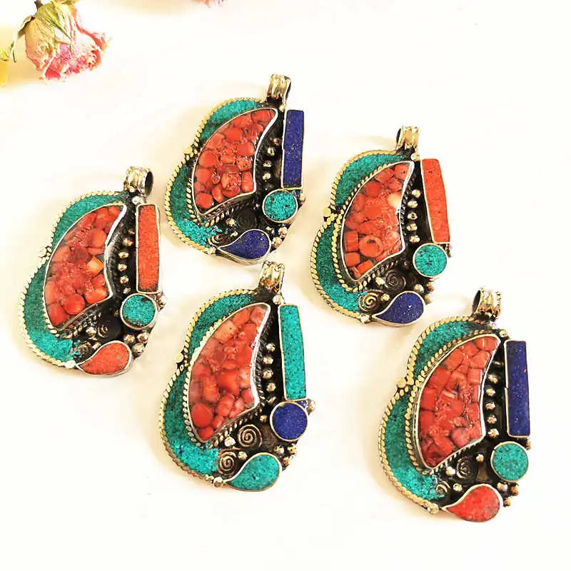 Nepal Jewelry Pendants White Metal Copper Inlaid Colorful Stone Big Pendant from Nepal TBP657