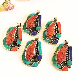 Nepal Jewelry Pendants White Metal Copper Inlaid Colorful Stone Big Pendant from Nepal TBP657