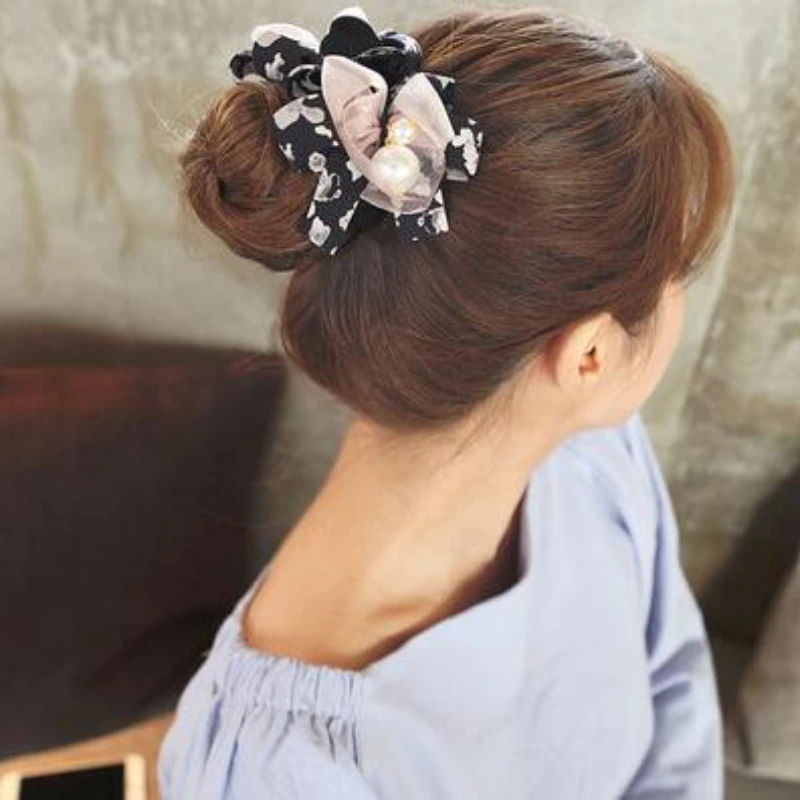 Korea Temperament Floral Hair Grab Clip pin Sweet Mesh Bow Imitate Pearl  Claw Top   Accessories for Women Girls