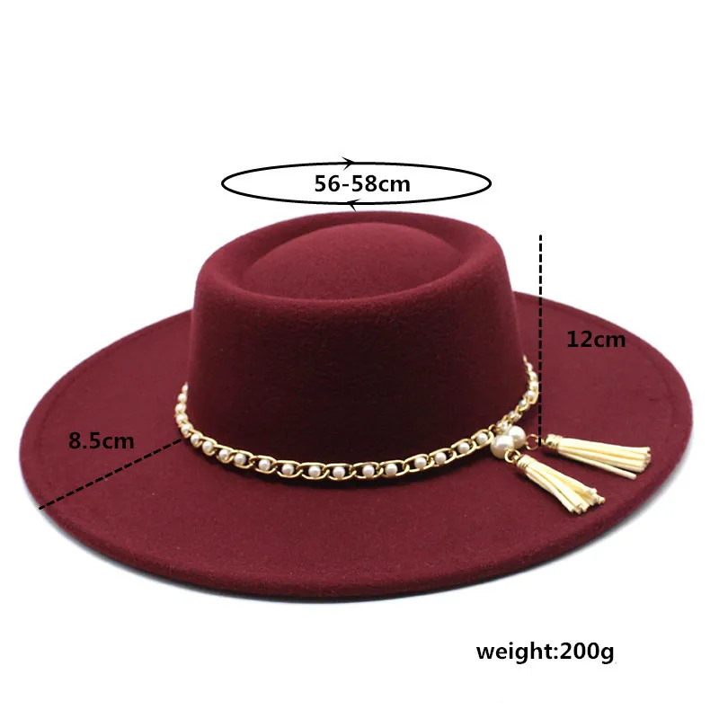 Burgundy dome woolen hat women's pearl chain dome fedora hat autumn and winter elegant big brim hat monochrome panama hat