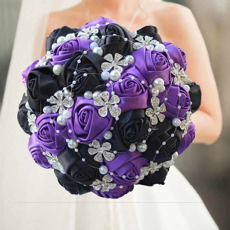 Yellow Royal Blue Wedding Bouquets With Crystal Bridal Bouquets Bridesmaid Artificial Satin Roses Bride Flowers image 2