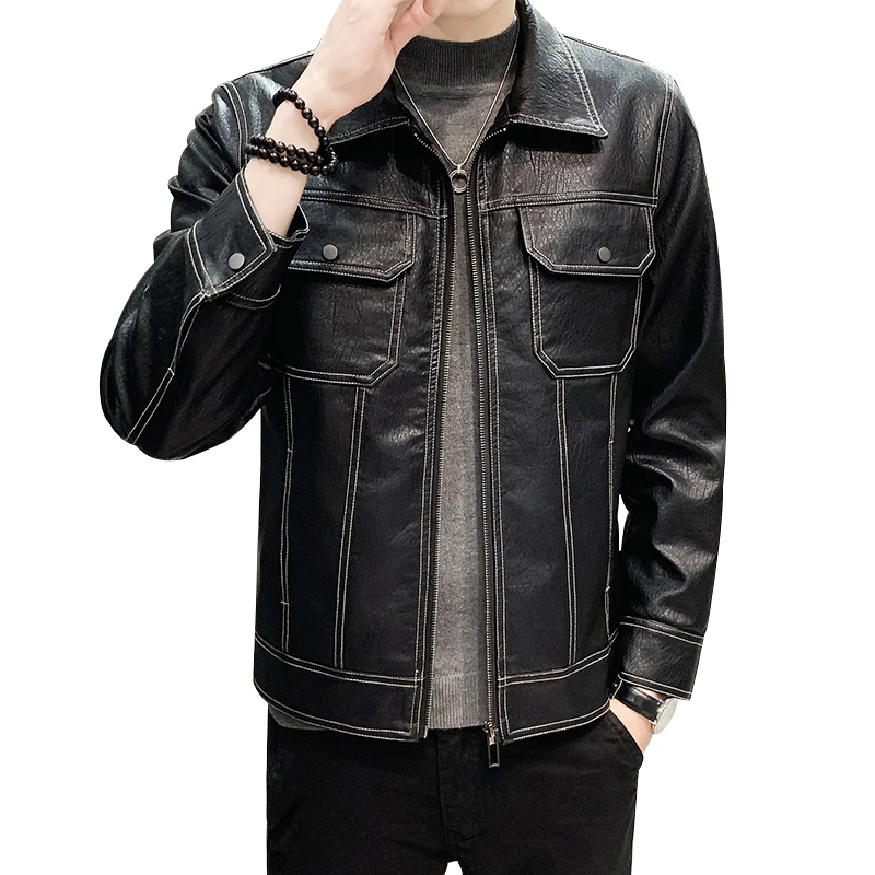 

Autumn Leather Jacket Men Coat Faux PU Lapel Zipper Bomber Motorcycle Biker ArmyGreen Black Slim Street Retro Casual Outwear