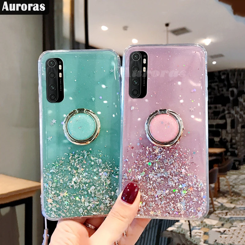 Auroras For Mi Note 10 Lite Case Glitter Bling Sequins Starry Sky With Ring For Xiaomi Mi Note 10 Lite Cover Stars Moon