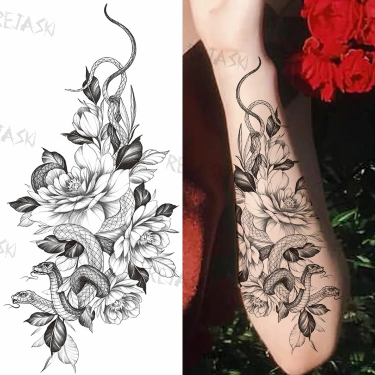 Sexy Snake Flower Fake Temporary Tattoo For Women Black Sunflower Tattoos Bloosom Big Daisy Camellia Water Transfer Tatoos Legs