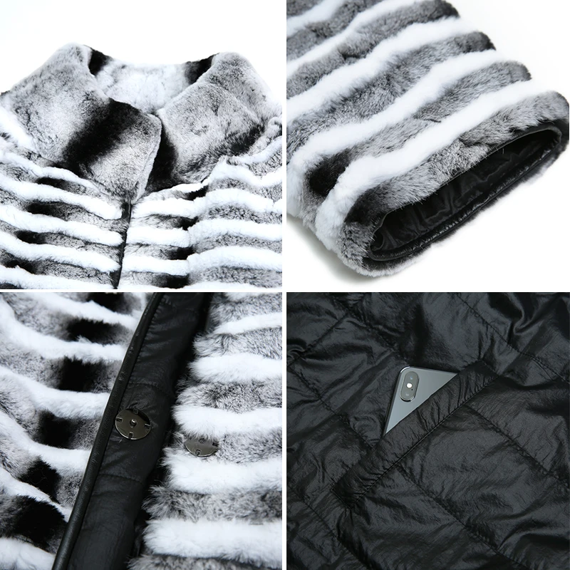 HDHOHR 2024 New High Quality Rex Rabbit Fur Coat Women With Down lTwo Side to Wear Natural Rex Rabbit Fur Jacket Female