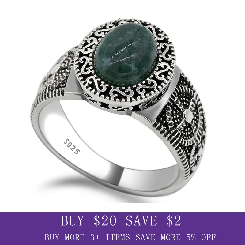 

S925 pure silver ring, natural green agate stone, vintage luxury handmade jewelry gift, men's party holiday gift