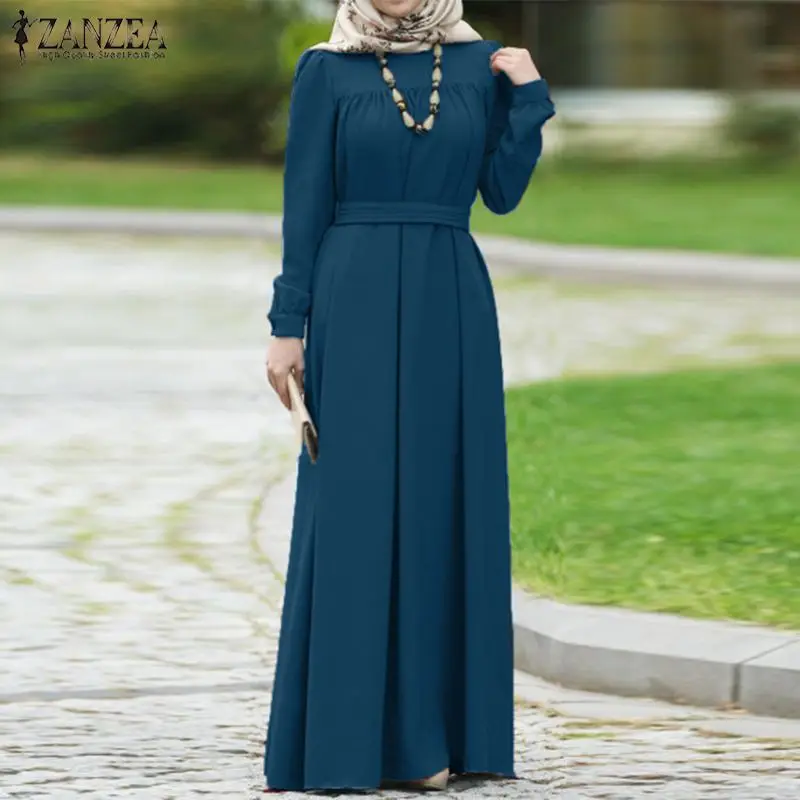 

ZANZEA Women Casual Long Sleeve Solid Maxi Long Dress Vestido Autumn Loose Sundress S- Kaftan Abaya Dubai Hijab Muslim Dress