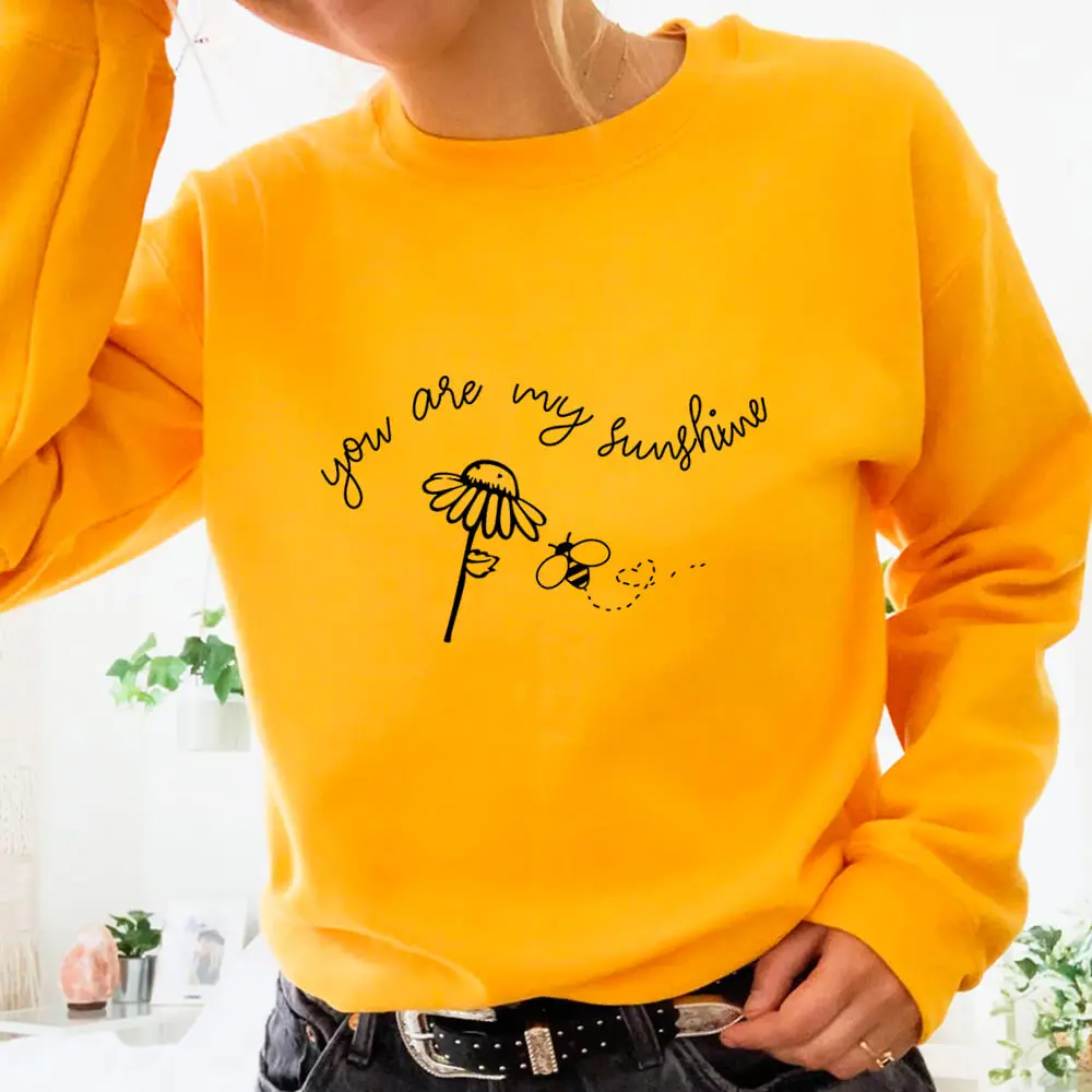 You Are My Sunshine 100%Cotton Printed Women's Sweatshirts Bees Sweatshirts Positive Casual O-Neck Pullovers Long Sleeve Tops