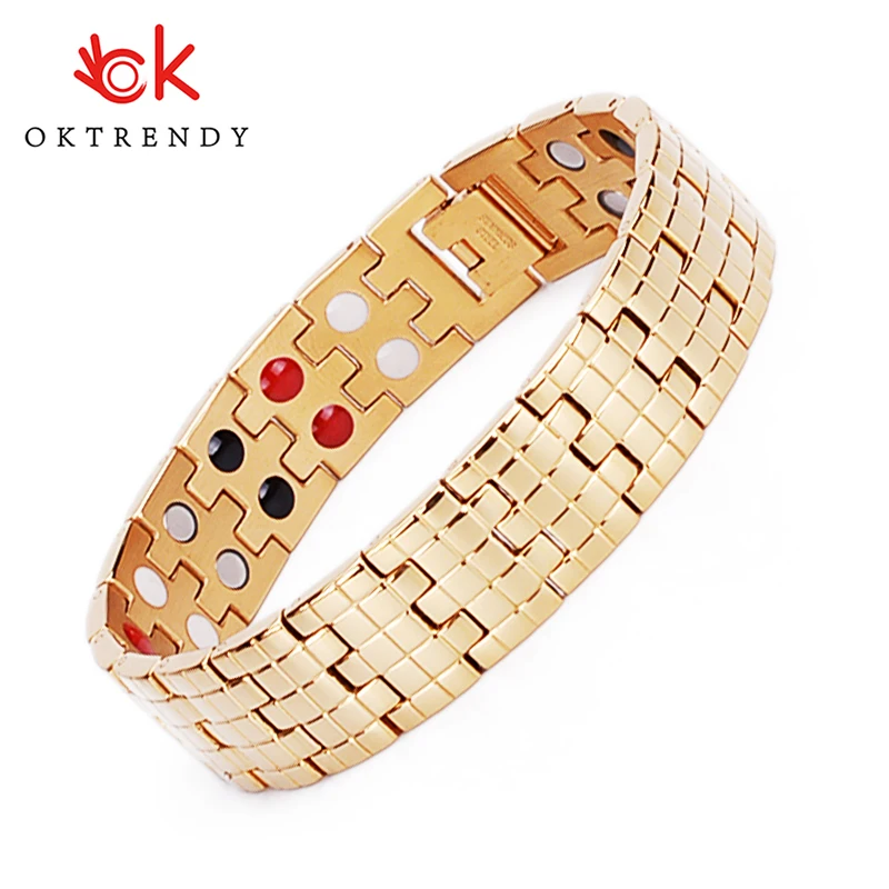 Oktrendy Brand Double Row 4 Elements Titanium Tharepy Copper Bracelet Link Wrist Polished For Men Hand Bracelet in Gold Color