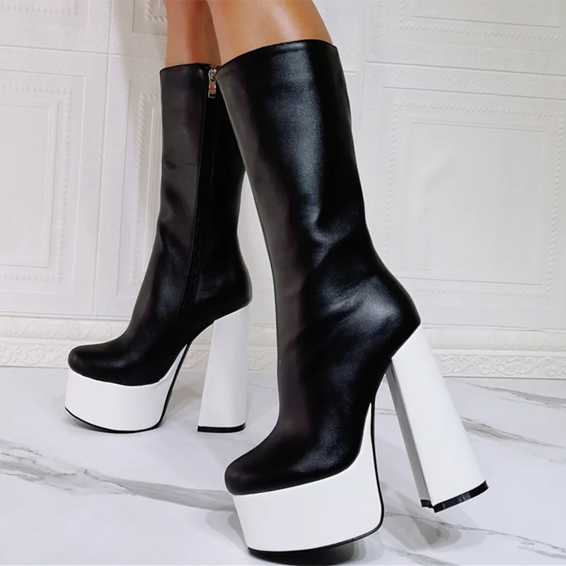 

2021 Winter Latest Fashion Snake Print Design Patched Boots Short Ankle High Heel Booty Women Thick Platform Size 47