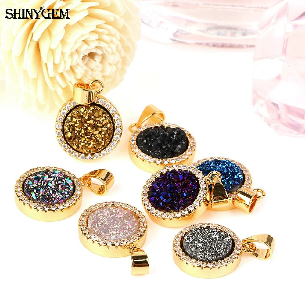 5p 천연 라운드 크리스탈 druzy 스파클링 카보 숑 펜던트 마이크로 인레이 지르콘 골드 도금 베젤 참 트렌디 쥬얼리