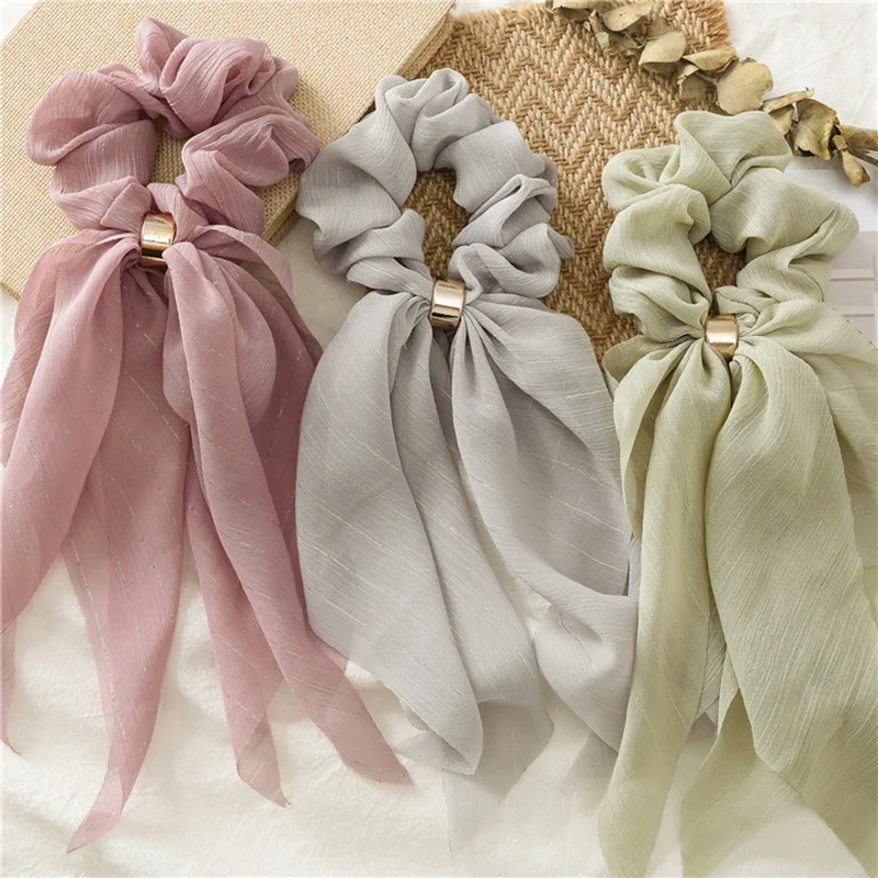 Chiffon Long Ribbon Bow Scrunchies Women Girl Ponytail Holder Scarf Hair Ties Elastic Hair Band Rope Headbands Hair Accessories