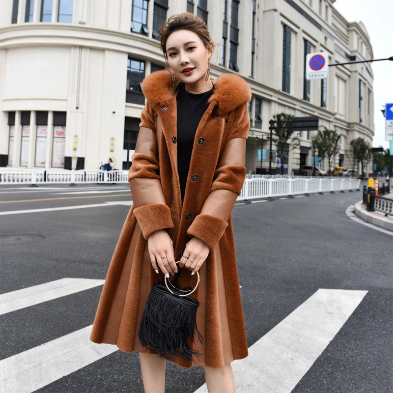 

Sheep Brand Shearing Fur Overcoat Women Fox Fur Hooded Real Fur Long Coat Luxury Office Lady Elegant Winter Jacket Plus Size 4XL