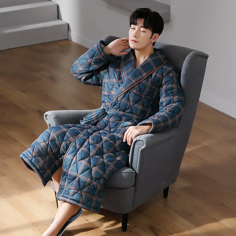 Winter Men\'s Robes Warm Thicken Knited Cotton Pajama Soft Comfortable Simple Plaid Pyjama Breathable Man Bathrobe Homewear