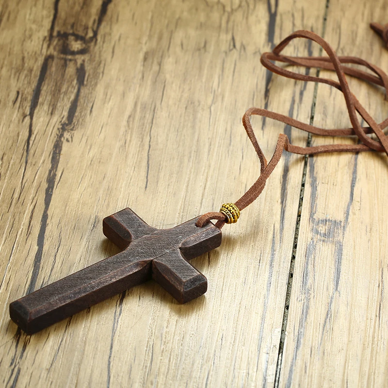 Men Wood Cross Crucifix Pendant on Cord Necklace