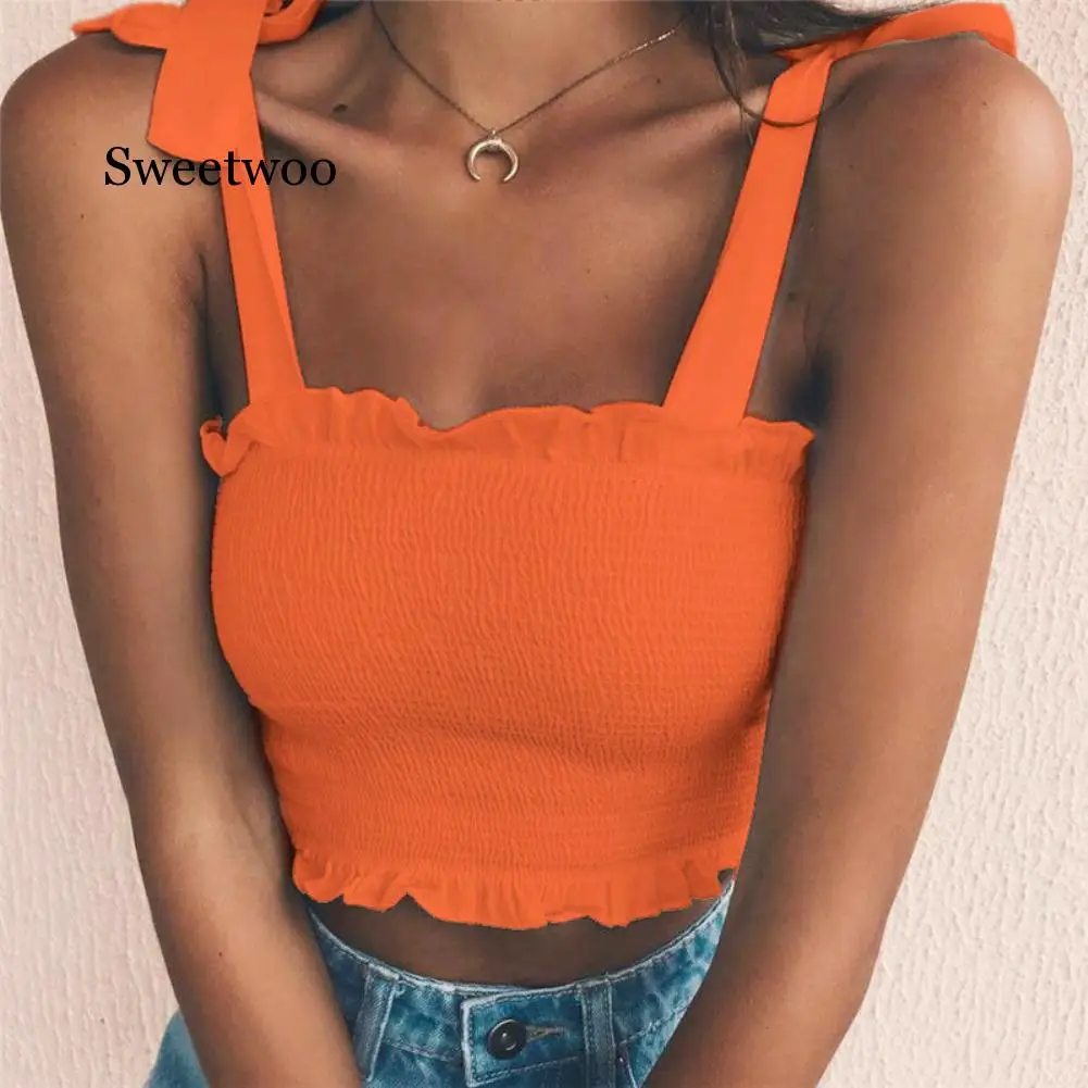 SWEETWOO New Summer Women Sexy Sleeveless Slim Ruffled Bandage Vest Solid Color Tank Crop Top