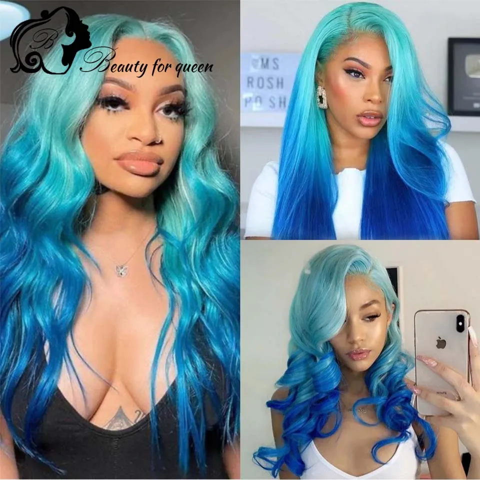 Perruque Lace Front Wig Body Wave brésilienne Remy, cheveux naturels, bleu ombré, Transparent HD, pour femmes africaines