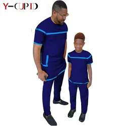 African Clothes for Men Father and Boys Son 2 Pieces Solid Top and Pants Sets Bazin Riche Custom Family Matching Outfits S20F001