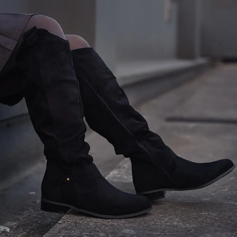 Women Knee High Boots Solid Color Suede Ladies Boot Autumn Warm Pointed Toe Sexy Zipper Low Heel Pumps Comfortable Female Shoes