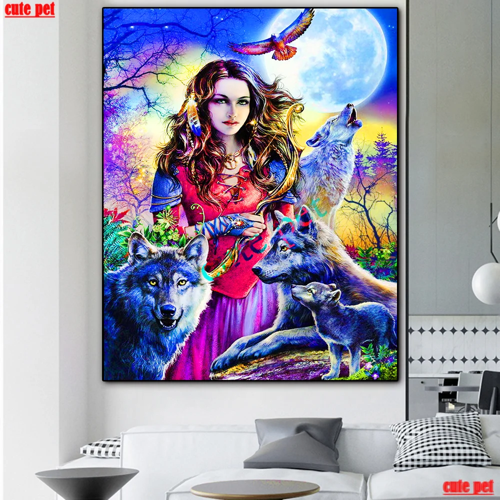 

Diamond Painting Indian girl and wolf Full Square round Diamond Mosaic 5D Cross Stitch DIY Diamond Embroidery Rhinestone Decor