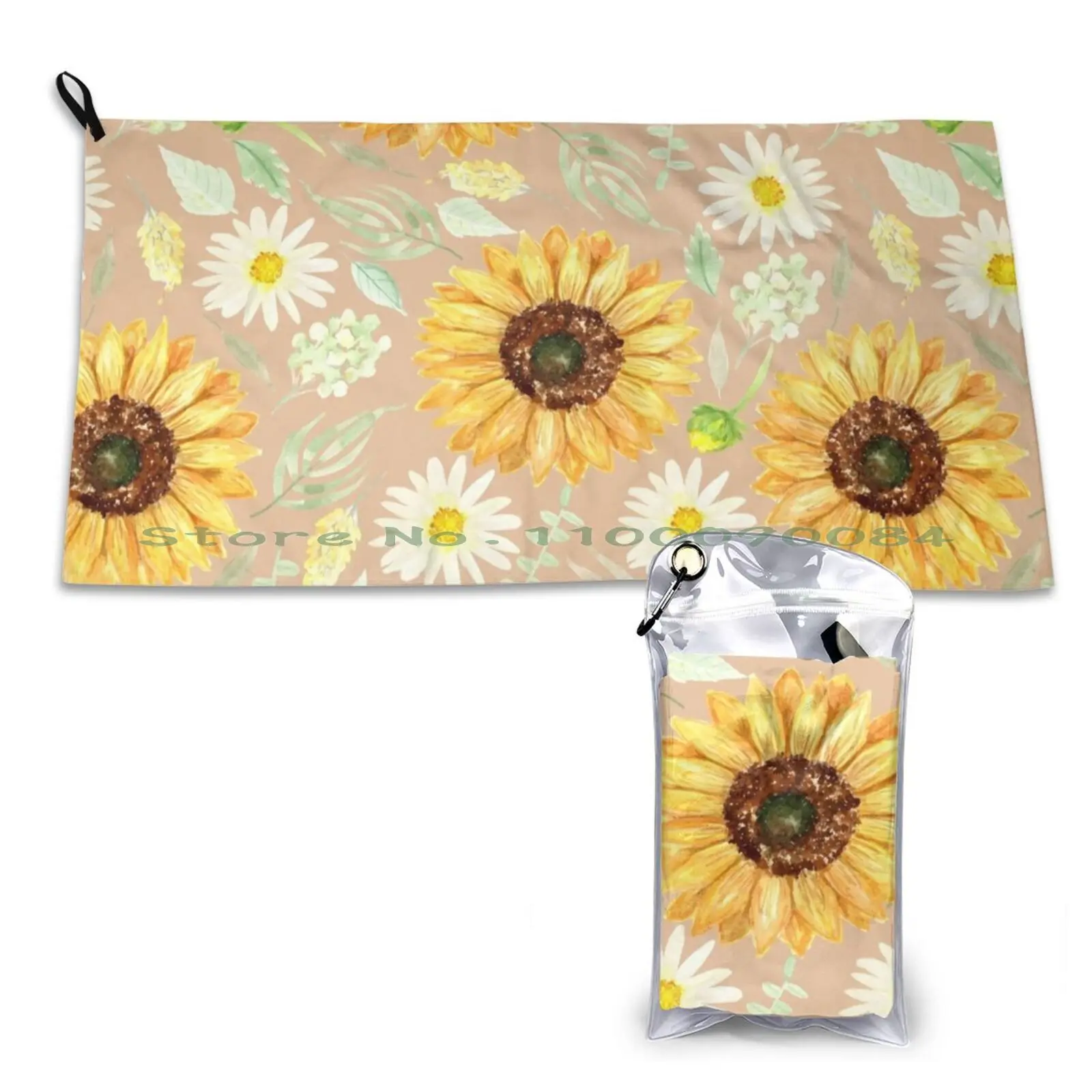 Sunflowers And Daisies | Watercolor | Art | Pattern | Beige Quick Dry Towel Gym Sports Bath Portable And D And D 80s Dice Sword