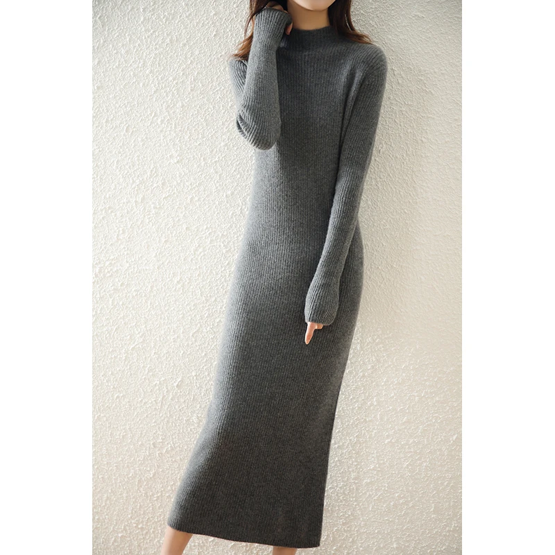 

2021 New 100% Wool Sweater Dress for Women Knee-length Solid Color Turtleneck Pullover High Elastic Straight Cozy Slim Dresses