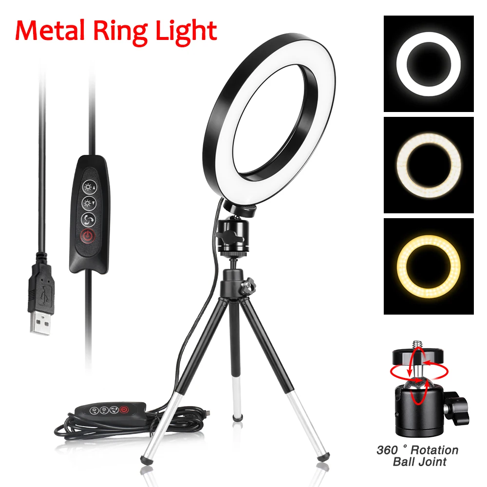 6 Inch LED Ring Light with Tripod Stand for YouTube Video Makeup Mini LED Camera Light Desktop LED Lamp with 3 Light Modes