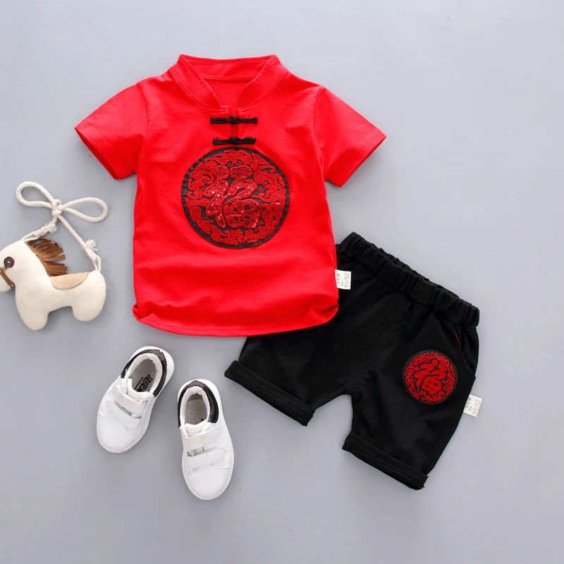 2022 New Baby Chinese Style Short Sleeved Cotton Chinese Character Embroidery Suit Summer Clothes for Boys Girls Two Piece