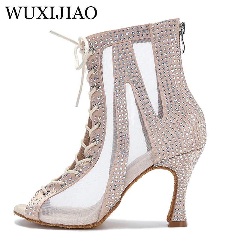 Design professional dance boots belly dance Latin jazz pole salsa shoes shiny hollow mesh lace-up female high boots