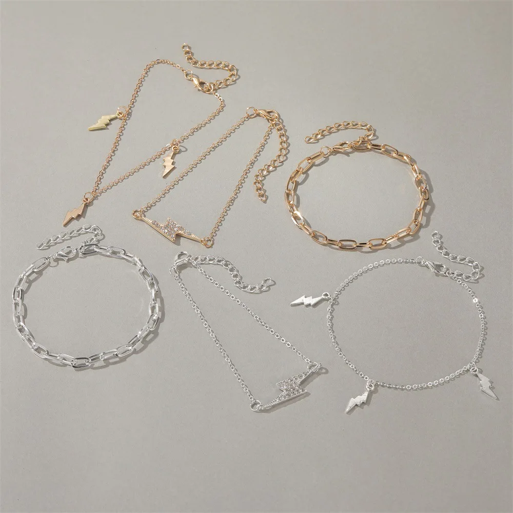 Three Lightning Rhinestone Alloy Chain Simple Golden Silver Plated Bracelets for Women 3pcs/set