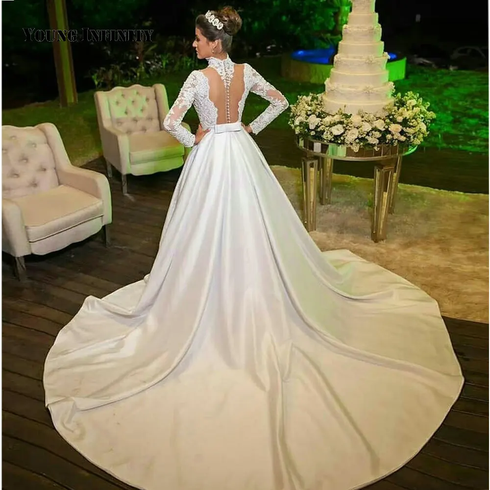 Elegant High Neck Wedding Dress 2021 Illusion Full Sleeve Lace Appliques Button Chapel Train Floor Length Ball Gown Bridal Gown