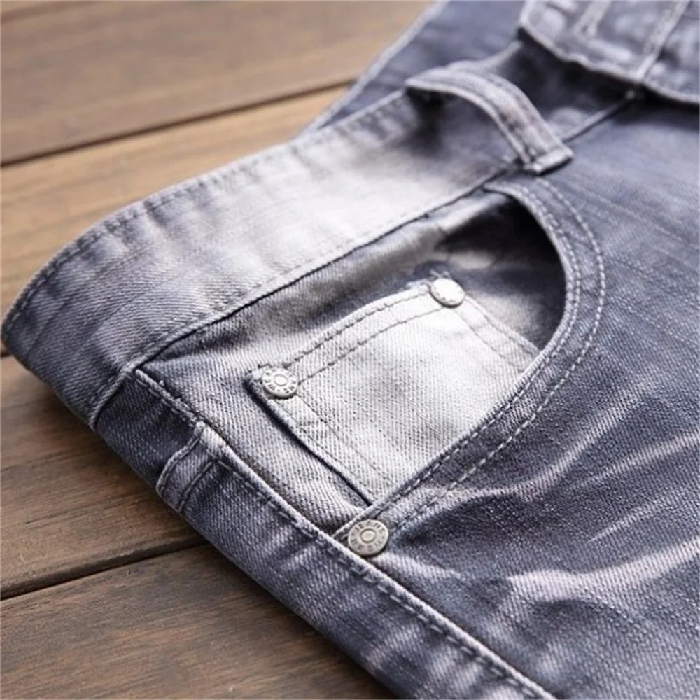 EH · MD® High Elastic Bleached Gray Jeans Men's Wavy Wrinkled Hole Patch Cotton Soft Small Straight High Street Slim Pants 2020