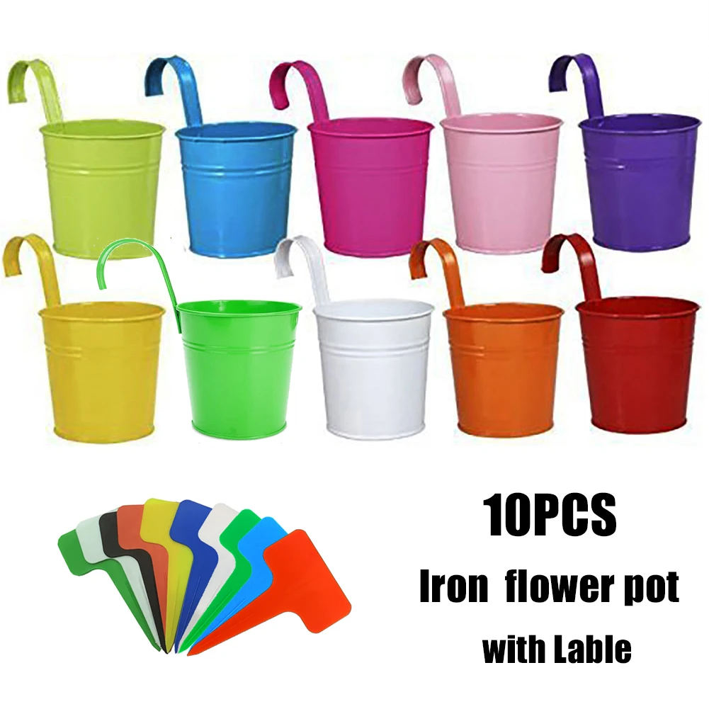 

10 Pcs/Pack Metal Iron Flower Pot Vase with Detachable Handle Hanging Corridor Aisle Balcony Garden Home Office Decor 10 Colors