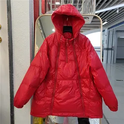 Mid-length Women Loose Hooded Multi-zipper Puffer Jacket High Quality White Duck Down Outwear Casual Long Sleeve Winter Parkas